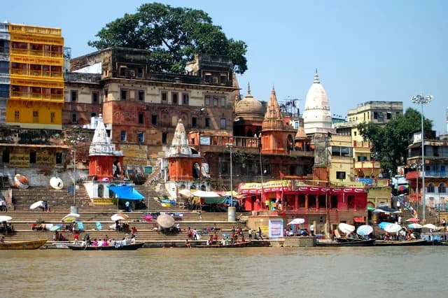 Ganges riverfront with boats, Varanasi